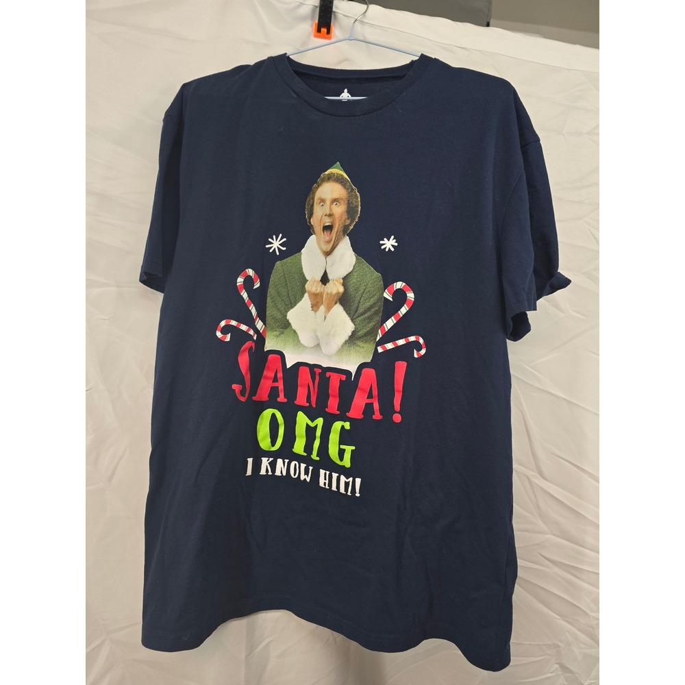 Elf Movie Santa OMG I Know Him TShirt Adult XL Navy Blue Buddy the Elf Christmas